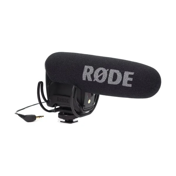 The RØDE Videomic Pro shotgun microphone features a foam windscreen, attaches with a camera shoe adapter and connects with a 3.5mm audio cable.