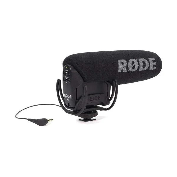 Black RØDE VideoMic Pro with foam windshield, shockmount, and 3.5mm audio cable.
