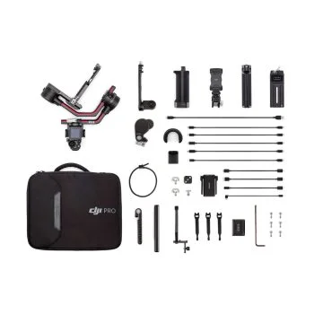 DJI RS 2 Pro Combo sisältää kamerakardaanin, mustan kantolaukun ja tarvikkeet, kuten kaapelit, kiinnikkeet, kahvat, ruuvit ja adapterit - kaikki siististi järjestettynä valkoisella pohjalla.