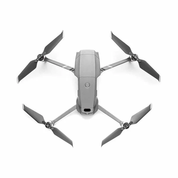 DJI Mavic 2 Pro, harmaa nelikopteri, jossa on neljä pidennettyä potkuria, näkyy ylhäältä valkoista taustaa vasten.