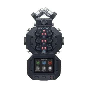 Zoom H8 -kannettavan ääninauhurin etukuva, jossa näkyy useita säätimiä, tuloliitännät ja värillinen kosketusnäyttö, jossa on erilaisia tallennustoimintoja ja kuvakkeita.