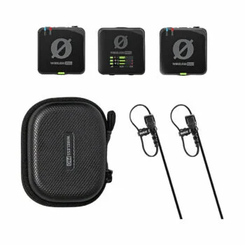 Rode Wireless Pro sisältää kaksi lähetintä, yhden vastaanottimen, mustan vetoketjullisen kantolaukun ja kaksi lavalier-mikrofonia, joissa on kiinnitetyt kaapelit.