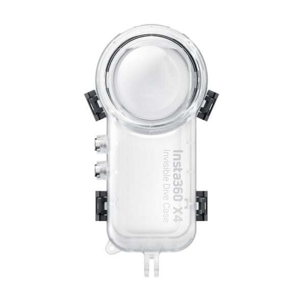 Insta360 X4 Sukelluskotelo on läpinäkyvä, vedenpitävä sukelluskotelo, jossa on pyöristetty linssinsuojus, mustat sivulukot ja näkyvä etumerkki.