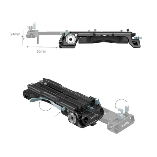 SmallRig 2837 Shoulder Pad Pro -peruslevy on esitetty kahdesta kulmasta, ja siinä on säätövipuja, lukitusmekanismeja ja merkittyjä mittoja: 24 mm korkeus ja 80 mm säädettävä osa.