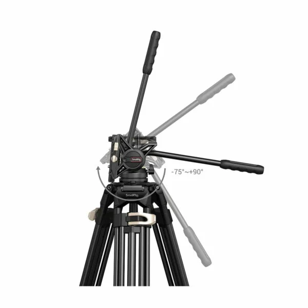 SmallRig 3751 videojalusta, musta kolmijalka, jossa on säädettävä panoraamakahva, näytetään kallistettavana -75°:sta +90°:een, ja sen kallistusaluetta havainnollistetaan päällekkäisillä grafiikoilla ja haamukahvan asennoilla valkoista taustaa vasten.