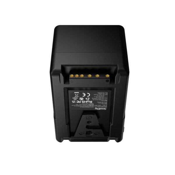 SmallRig VB155 mini V-Mount -akun 3581 takakuvassa näkyy sertifiointisymbolit etiketissä ja kultaiset liitäntänastat yläreunassa valkoista taustaa vasten.