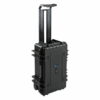 B+W Outdoor Case Type 6600, musta on musta kovakuorinen rullalaukku, jossa on teleskooppikahva, tukevat salvat ja kaksi pyörää helppoa kuljetusta varten.