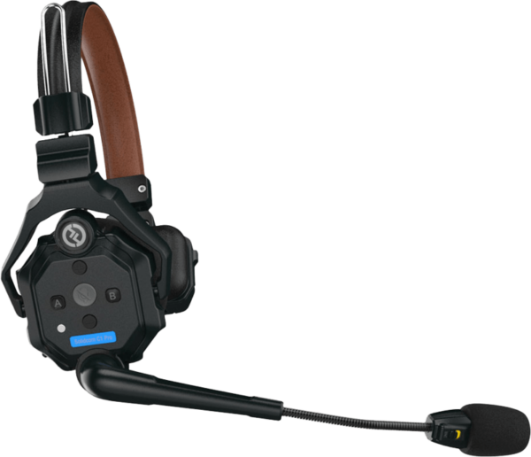 Hollyland Solidcom C1 Pro Wireless -intercom-järjestelmä (4 kpl kuulokkeet) on musta ja ruskea langaton kuuloke, jossa on säädettävä puomimikrofoni, pehmustettu kuulokepanta ja A/B/C-säätöpainikkeet kuulokkeessa.