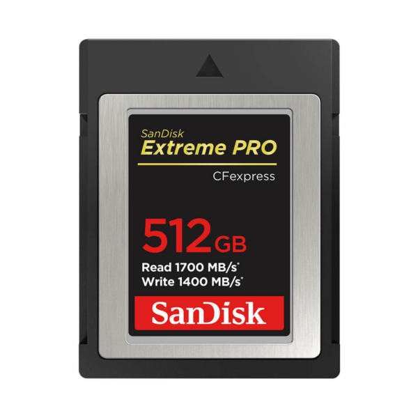 SanDisk Extreme Pro Type B CFexpress 512GB -kortti tarjoaa jopa 1700 MB/s lukunopeuden ja 1400 MB/s kirjoitusnopeuden, ja siinä on musta ja hopeinen muotoilu sekä punainen ja keltainen teksti.