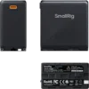 Three views of the SmallRig 4469 NP-F970 battery, USB-C rechargeable: front view with orange port, textured side with SmallRig branding, and base with specifications and certification symbols.