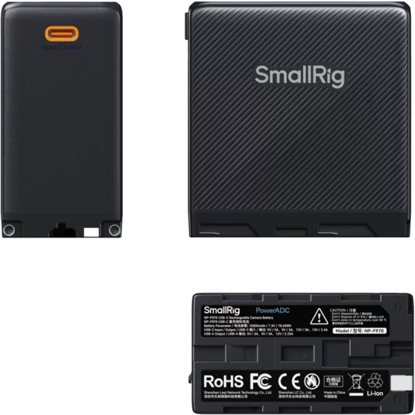 Three views of the SmallRig 4469 NP-F970 battery, USB-C rechargeable: front view with orange port, textured side with SmallRig branding, and base with specifications and certification symbols.