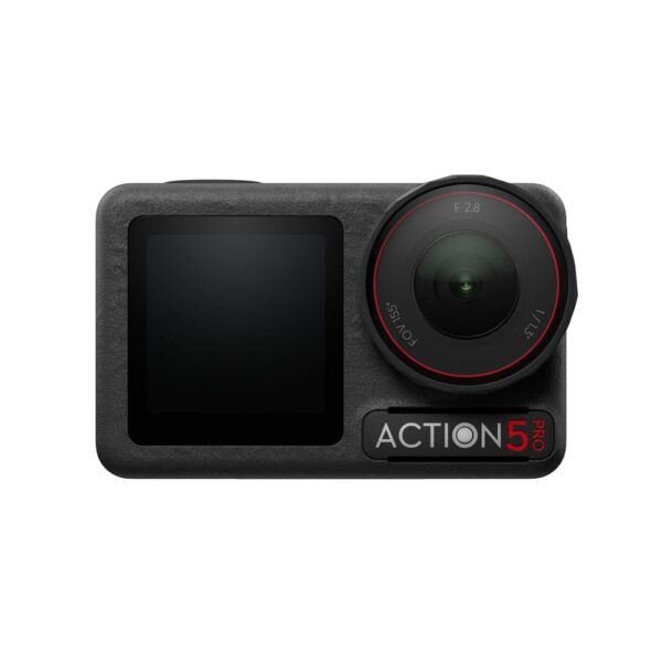 Mustan DJI Osmo Action 5 Pro Adventure Combo -toimintakameran etukuva, jossa on suuri objektiivi oikealla ja pieni näyttö vasemmalla.
