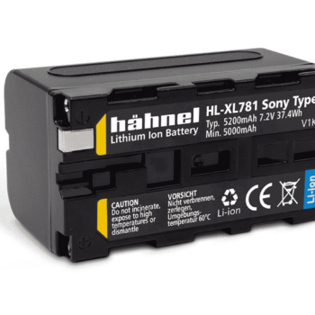 Musta Hähnel akku Sony HL-XL781 / NP-F750 litiumioniakku, jossa on keltainen etiketti, 5200mAh, 7,2V, 37,4Wh, ja varoitukset painettu sivulle.