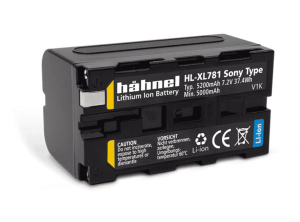 Musta Hähnel akku Sony HL-XL781 / NP-F750 litiumioniakku, jossa on keltainen etiketti, 5200mAh, 7,2V, 37,4Wh, ja varoitukset painettu sivulle.