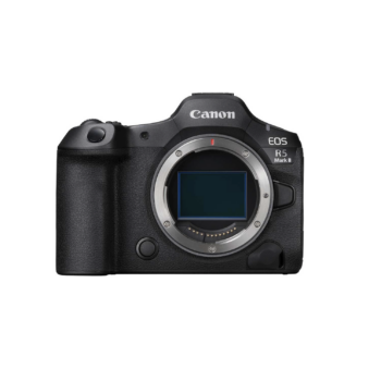 Canon EOS R6 Mark II -peilittömän digitaalikameran runko edestäpäin ilman objektiivia, jolloin kameran kenno paljastuu. Musta kamera näkyy valkoista taustaa vasten.