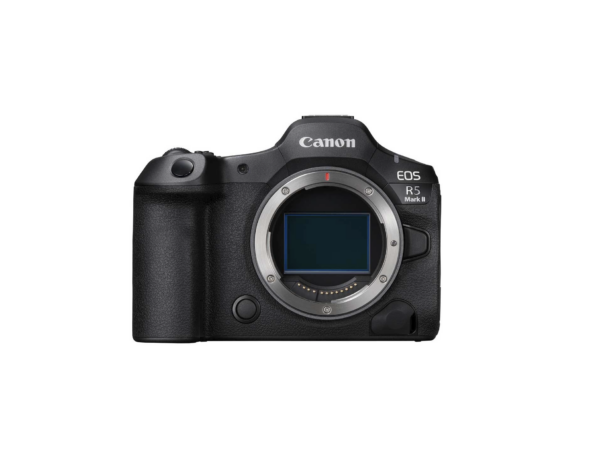 Canon EOS R6 Mark II -peilittömän digitaalikameran runko edestäpäin ilman objektiivia, jolloin kameran kenno paljastuu. Musta kamera näkyy valkoista taustaa vasten.