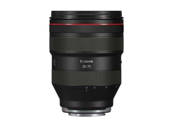 Canon RF 28-70mm f/2 L USM -objektiivi, jossa on punainen rengas, polttovälin merkinnät ja Canon-logo, seisoo pystyssä valkoisella taustalla.