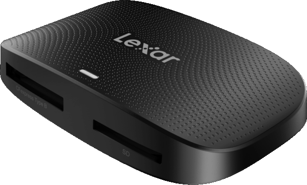 Musta Lexar Cardreader CFExpress Type B/SD UHS-II USB 3.2 Gen2, jossa on kuvioitu pinta, korttipaikat SD- ja CFExpress Type B -kortteja varten ja pieni merkkivalo päällä.