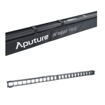 Aputure INFIBAR PB12 RGB LED-valopaneelin (120cm), pitkän suorakulmaisen LED-palkin, jossa on useita segmenttejä, yläpuolella on pehmustettu musta kantolaukku, jossa on merkintä Aputure.