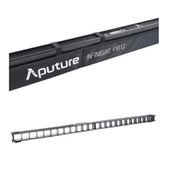 Aputure INFIBAR PB12 RGB LED-valopaneelin (120cm), pitkän suorakulmaisen LED-palkin, jossa on useita segmenttejä, yläpuolella on pehmustettu musta kantolaukku, jossa on merkintä Aputure.