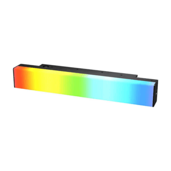 Aputure INFIBAR PB3 RGB LED-valopaneeli (30 cm) näyttää suorakulmaisessa palkissa punaisen, oranssin, keltaisen, vihreän ja sinisen värin tasaisen vaihtelun valkoista taustaa vasten.