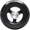 Rhino Slider Carbon 24" (60 cm) -pyörän ja Rhino Flywheelin lähikuva ylhäältä alaspäin, jossa näkyy sen musta pyöreä muotoilu, kolme kehää ja hopeanvärinen metallinen nuppi, joka muistuttaa teollista komponenttia.