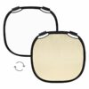 Profoto Reflector SunSilver/White L, 120 cm, sisältää kaksi käännettävää suorakulmaista paneelia - valkoisen ja beigen - pyöristetyillä reunoilla ja kahdella mustalla klipsillä yläreunassa. Niiden välissä oleva pyöreä nuoli osoittaa niiden käännettävyyden. Tausta on valkoinen.