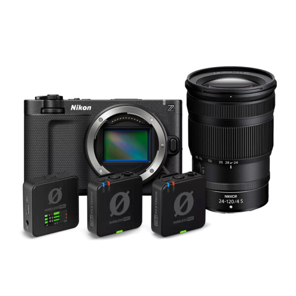 Nikon ZR 6K -videokuvauspaketti, jossa on kamerarunko, 24-120 mm:n objektiivi ja kolme kompaktia langatonta mikrofonilähetintä, näkyy vierekkäin valkoista taustaa vasten.