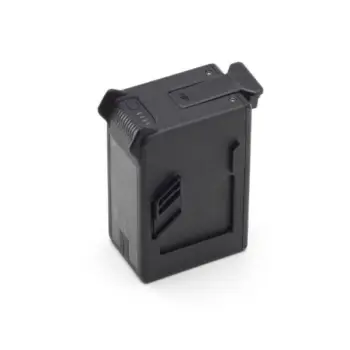 DJI FPV Intelligent Flight -akku, musta ja suorakulmainen, jossa on harjanteet, virtapainike ja sivusalpa, näkyy valkoisella pohjalla.