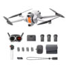 Antigravity A1 Infinity Bundle sisältää valkoisen nelikopteridronen, ohjaimen, kolme akkua, laturin, ylimääräisiä potkureita, kantolaukun ja erilaisia lisävarusteita, jotka on järjestetty siististi valkoiselle taustalle.