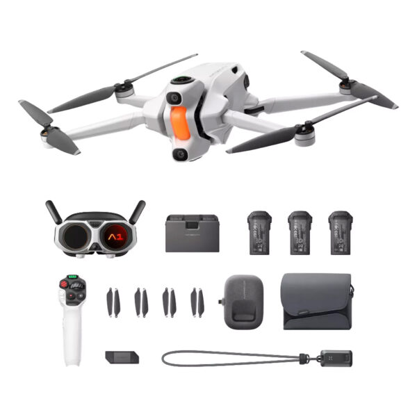 Antigravity A1 Infinity Bundle sisältää valkoisen nelikopteridronen, ohjaimen, kolme akkua, laturin, ylimääräisiä potkureita, kantolaukun ja erilaisia lisävarusteita, jotka on järjestetty siististi valkoiselle taustalle.