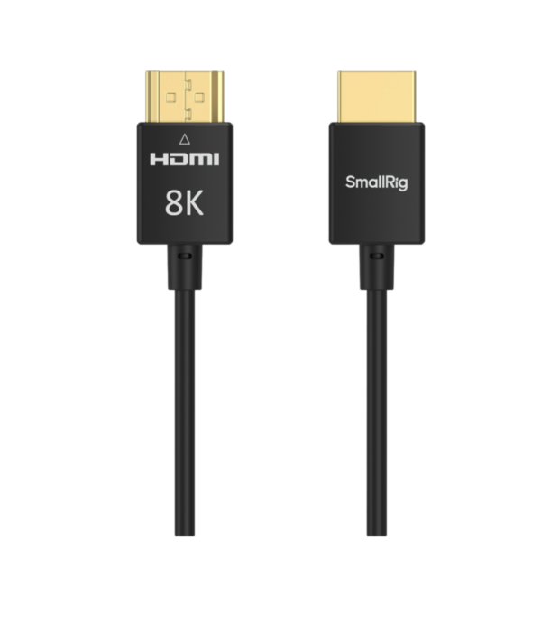 Kuvassa on kaksi mustaa SmallRig 5086 8K HDMI -datakaapelia (A-A, 100 cm), joissa on kultaliittimet; toisessa liittimessä on merkintä "HDMI 8K" ja toisessa SmallRig-logo valkoisella pohjalla.
