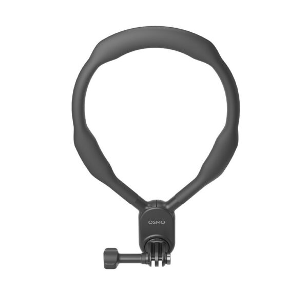 DJI Osmo Hanging Neck Mount Max -kaulakiinnike on musta, joustava pyöreä kiinnike, jossa on kiristysnuppi ja GoPro-tyylinen kiinnike pohjassa, jossa on merkintä OSMO, kuvassa valkoisella pohjalla.