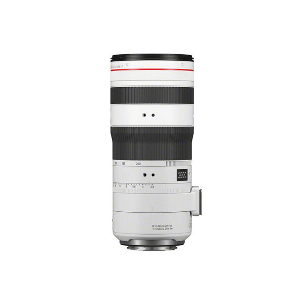 Canon RF 70-200mm F2.8L IS USM Z -objektiivi on valkoinen teleobjektiivi, jossa on mustia ja punaisia korostuksia, zoomaus- ja tarkennusrenkaat, jalustakiinnitysjalka ja polttovälin merkinnät, jotka on esitetty pystysuoraan valkoisella pohjalla.