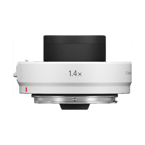 Valkoinen Canon RF 2x telejatke -objektiivin jatke näkyy sivuprofiilissa, ja sivulle on painettu "2x" tavallista taustaa vasten.