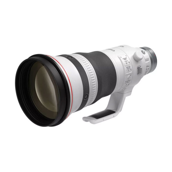 Canon RF 400mm f/2.8 L IS USM on suuri valkoinen teleobjektiivi, jossa on musta etureuna, kuvioitu zoomausrengas, säätökytkimet ja sisäänrakennettu jalustakiinnike.
